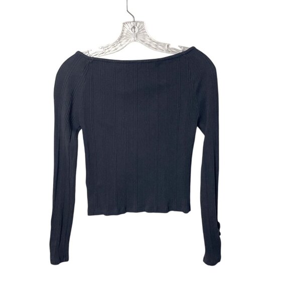 by Anthropologie Button Front Ribbed Long Sleeve Crop Top Black Women's Size M - Picture 2 of 7